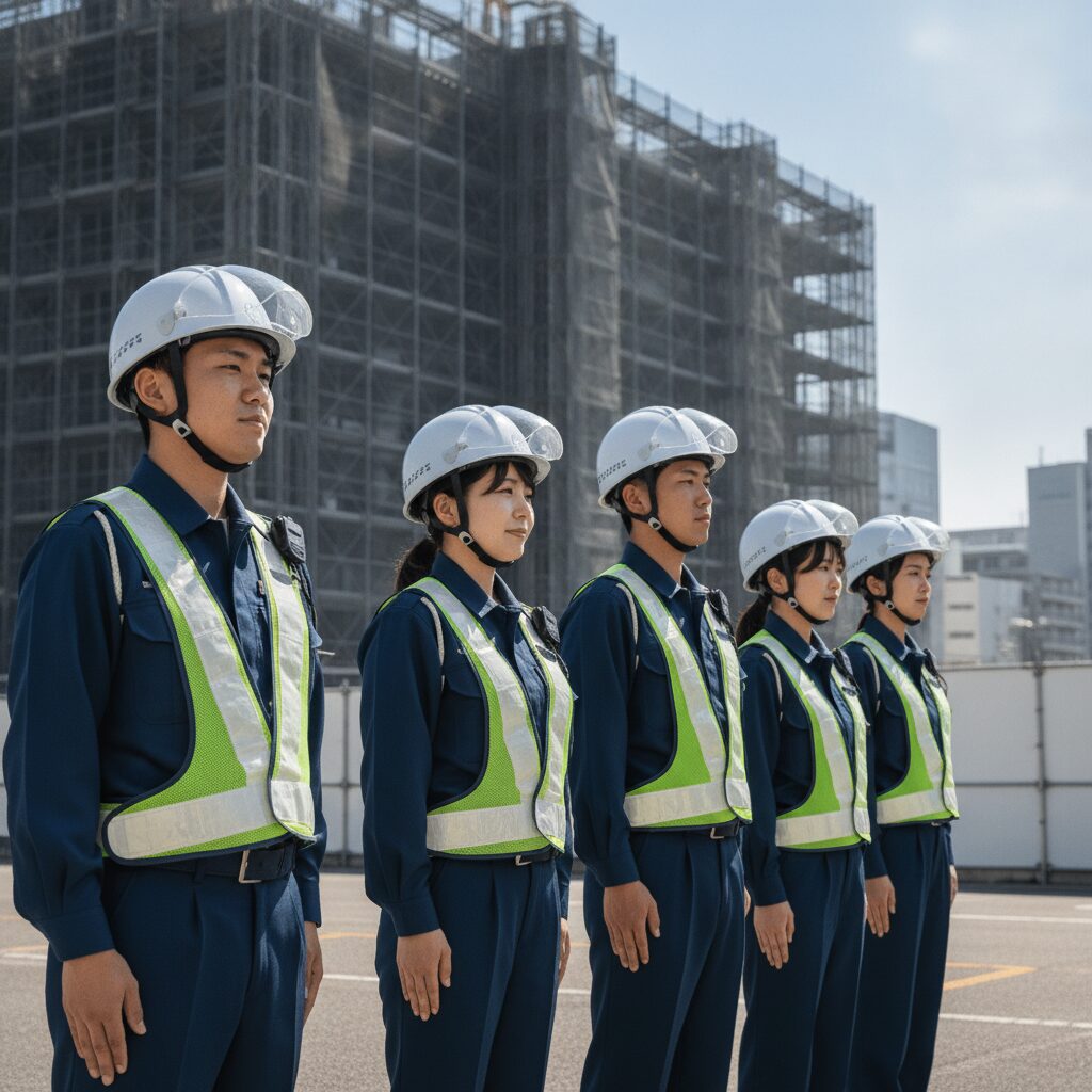 研修・朝礼に整列する警備隊員（ハイビズベスト・白ヘルメット）