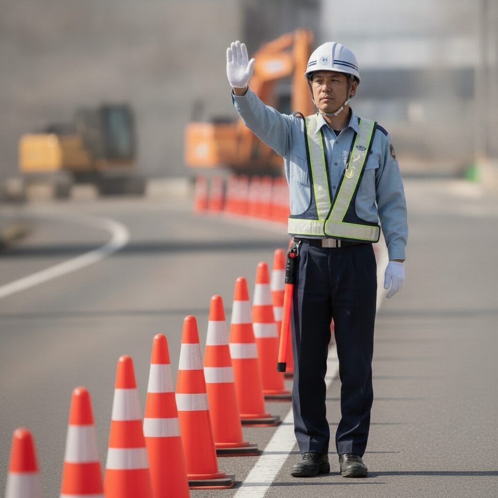 交通誘導警備の現場で手信号で車を誘導する警備員（白ヘルメット・反射ベスト）