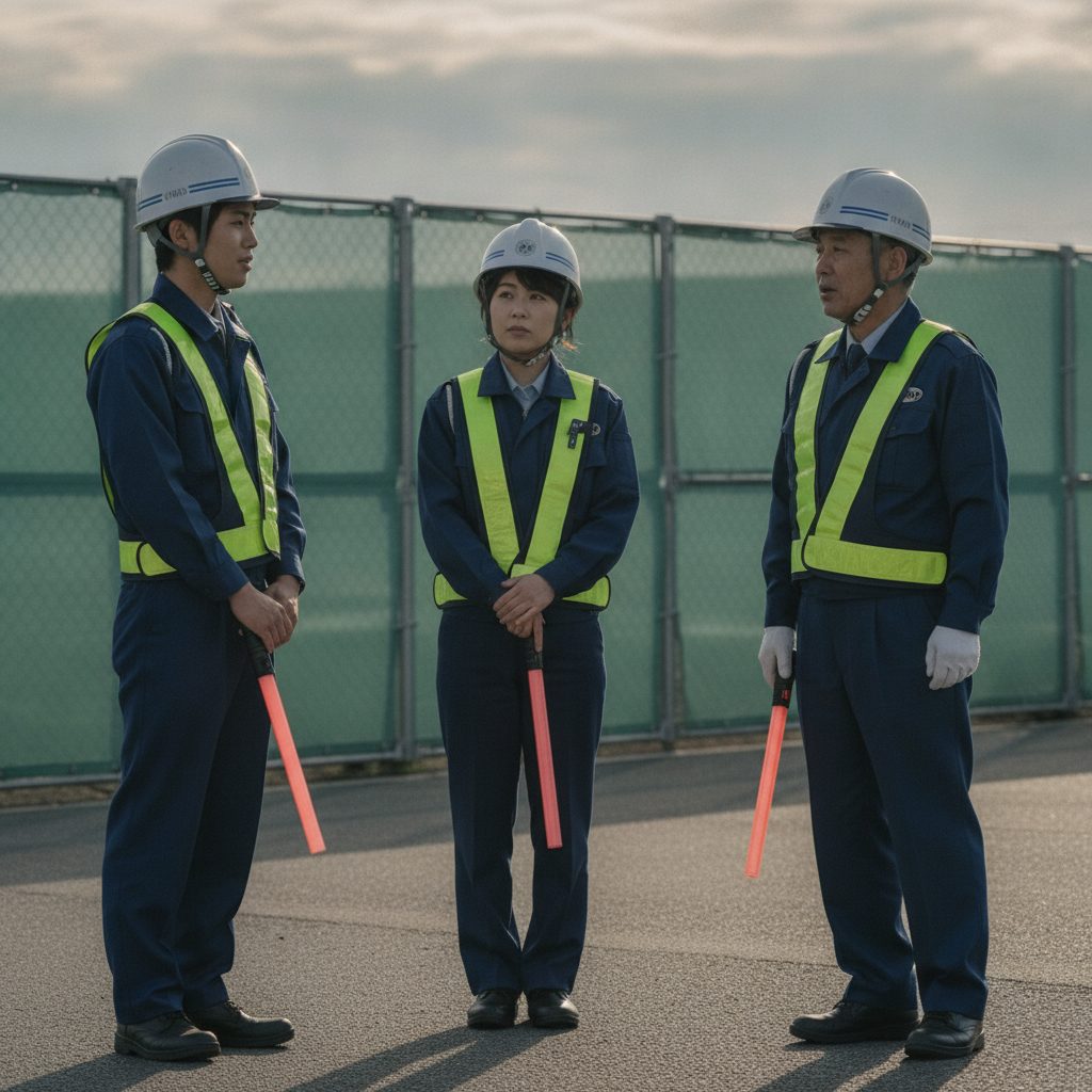 朝の現場。出発前に警備員3名が装備を確認し、その日の段取りを打ち合わせている様子