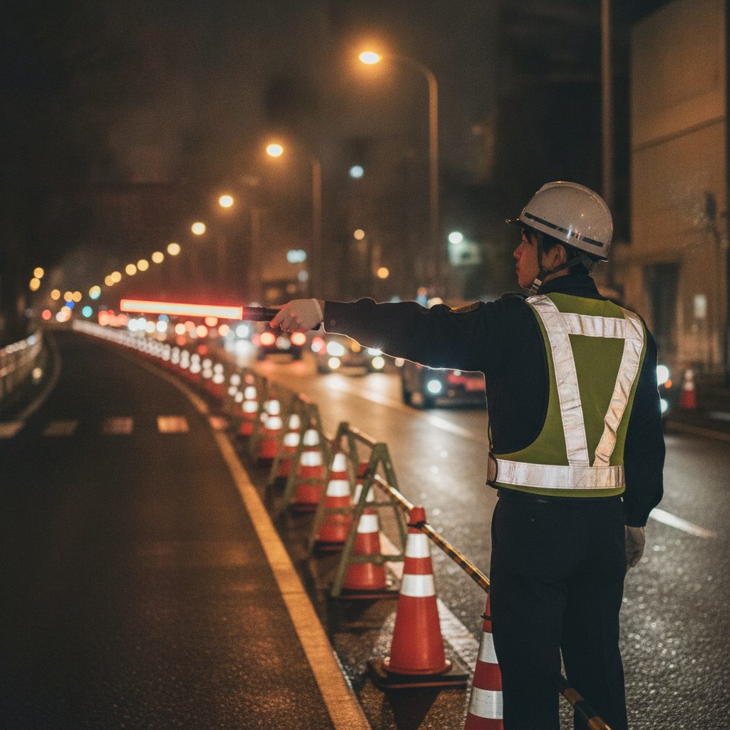 夜勤の交通誘導現場。照明の下、赤く光る誘導灯で車両を誘導している様子