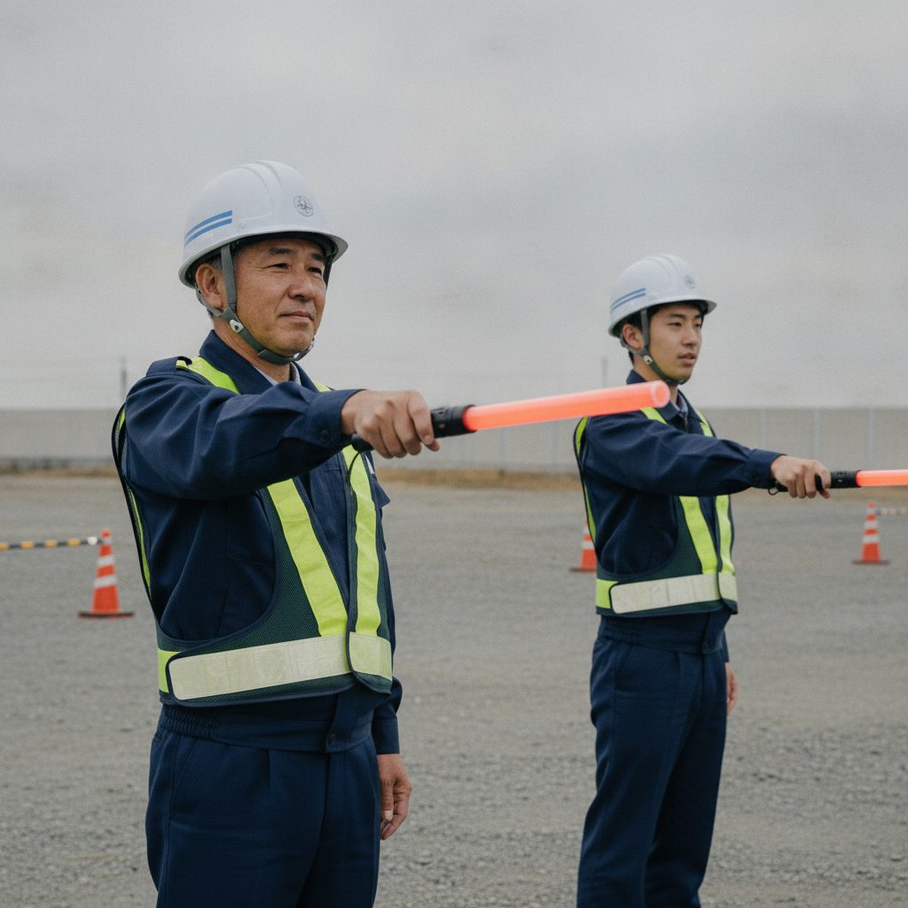 研修の様子。先輩の警備員が、未経験の新人に誘導灯を使った交通誘導の動作を教えている様子